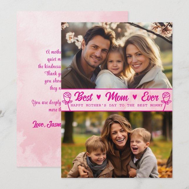 Cartão Elegant Text Photo Mother's Day Watercolor Pink (Frente/Verso)