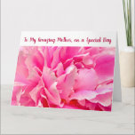 Cartão Elegant To My Amazing Mother Infinite Love Peony<br><div class="desc">An elegant large greeting card with the text "To My Amazing Mother, on a Special Day" on the front and a beautiful close-up photo of a pink-red peony flower. For Mother's Day or her birthday or any other occasion. For a mom with near-infinite patience, kindness, and understanding, and with an...</div>