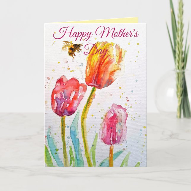 Cartão Elegant Tulip and Bee Watercolour Mothers Day Card (Frente)