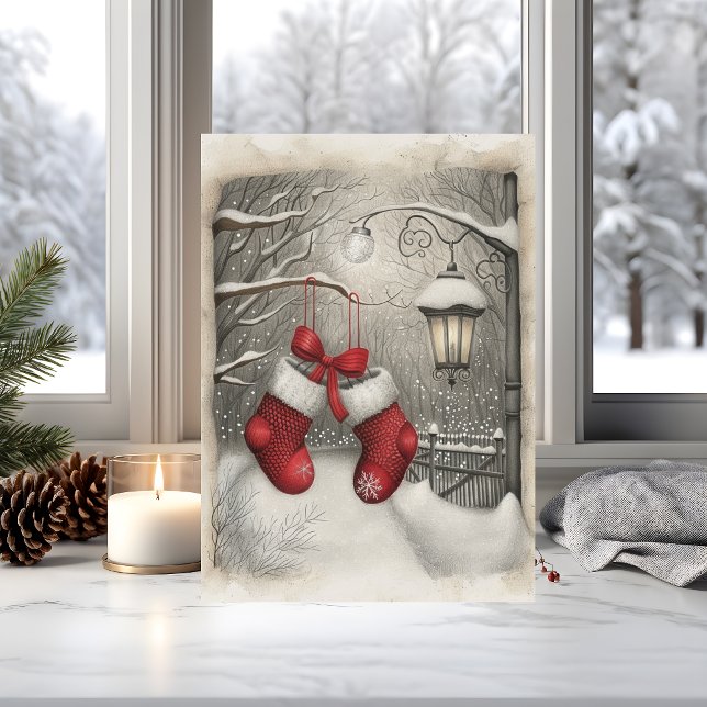 Cartão Elegant Vintage Red Christmas Stockings  (Red stockings and snowy stillness make this vintage holiday card a heartfelt classic)