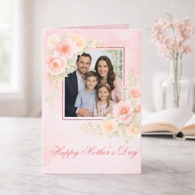Cartão Elegant Watercolor Floral Photo Mother’s Day  (Criador carregado)