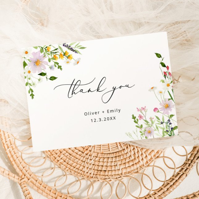 Cartão Elegant wildflowers minimalist Wedding Thank you (Criador carregado)