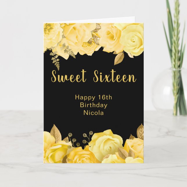 Cartão Elegant Yellow and Gold Flowers Sweet Sixteen (Frente)