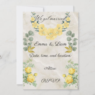 Cartão Elegant Yellow Floral and Marble Wedding Invitatio