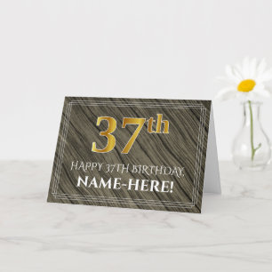 Cartão Elegante 37º Aniversário: Faux Wood, Faux Dourad