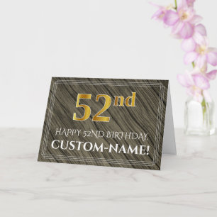 Cartão Elegante 52º Aniversário: Faux Wood, Faux Dourad