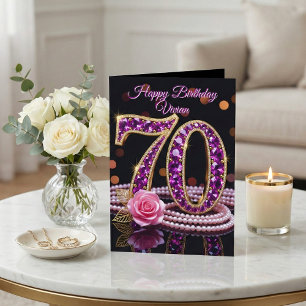 Cartão Elegante 70º Aniversário Dourado Roxo Rosa Âmética