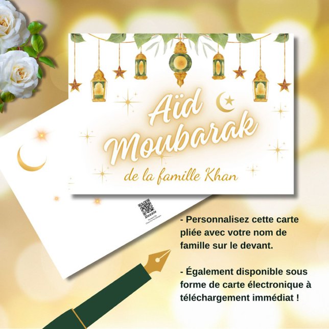 Cartão Elegante Aïd Moubarak Francês Eid Mubarak Branco D (Une carte élégante et moderne. Aïd Moubarak!)