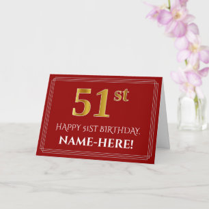 Cartão Elegante Aniversário "51º" com Aparência de Ouro F