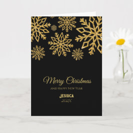 Cartão Elegante Black e Dourado Flocos de Neve Nome de Na