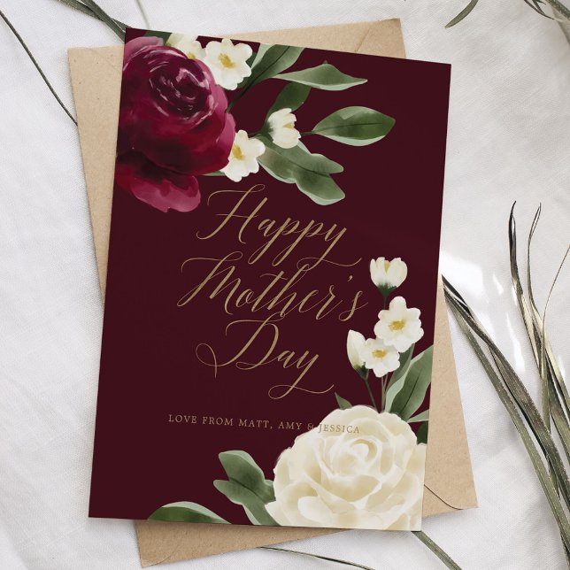 Cartão Elegante Burgundy e Rosa de Cream Dia de as mães B (Elegant Burgundy & Cream Rose Blossom Mother's Day Card)
