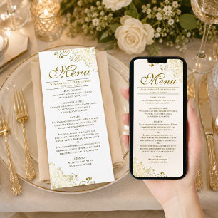 Cartão Elegante Cardápio de Casamento Baixável em Dourado