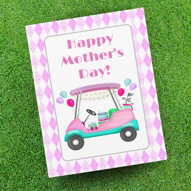 Cartão Elegante carrinho de golfe para festa de mulheres  (A Happy Mother's Day golf card! For the golfing Mother who always has her eye on the ball!)