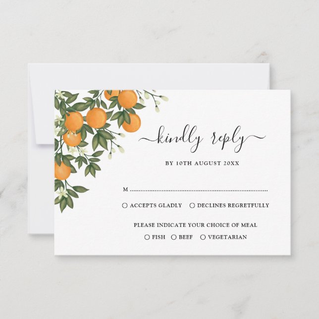 Cartão Elegante Citrus Botanical Orange Wedding RSVP (Frente)