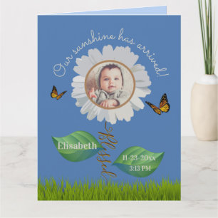 Cartão Elegante Daisy Blue Floral Cute Baby Photo e Name