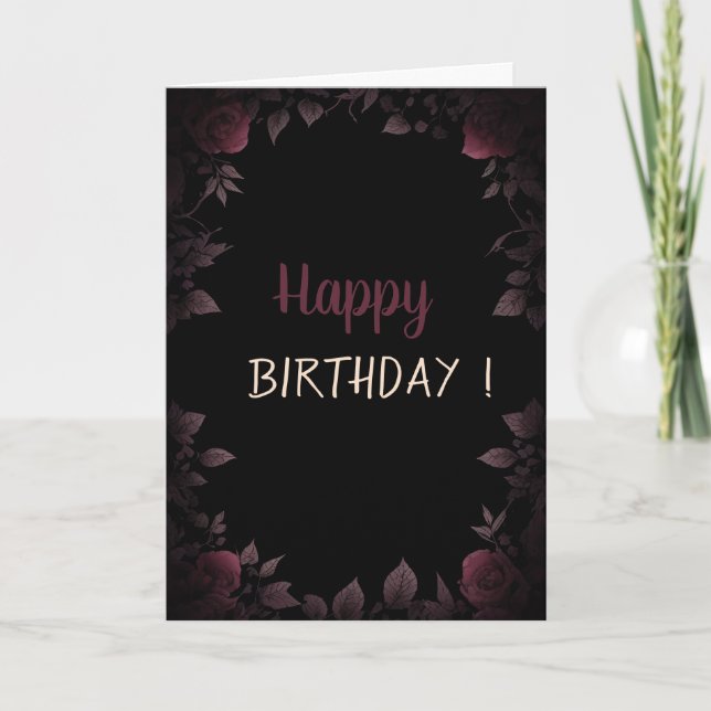 Cartão Elegante Dark Burgundy Rosas Black Birthday (Frente)