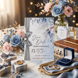 Cartão Elegante de Salvar a Data com Floral Azul e