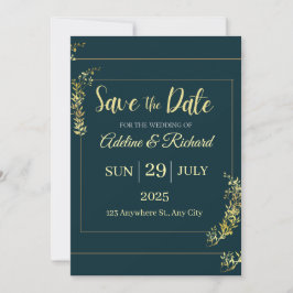 Cartão Elegante de Save the Date com Floral Dourad
