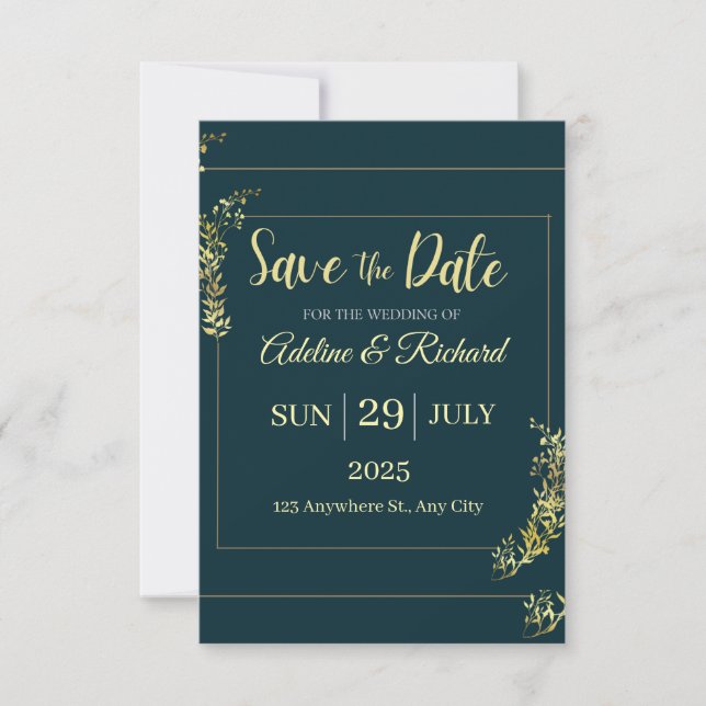 Cartão Elegante de Save the Date com Floral Dourad (Frente)