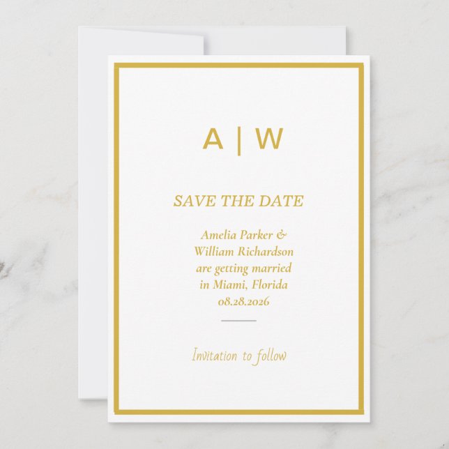 Cartão Elegante de Save the Date em Ouro Branco Mi (Frente)