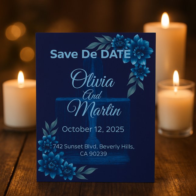 Cartão Elegante de Save the Date Floral Azul (Criador carregado)