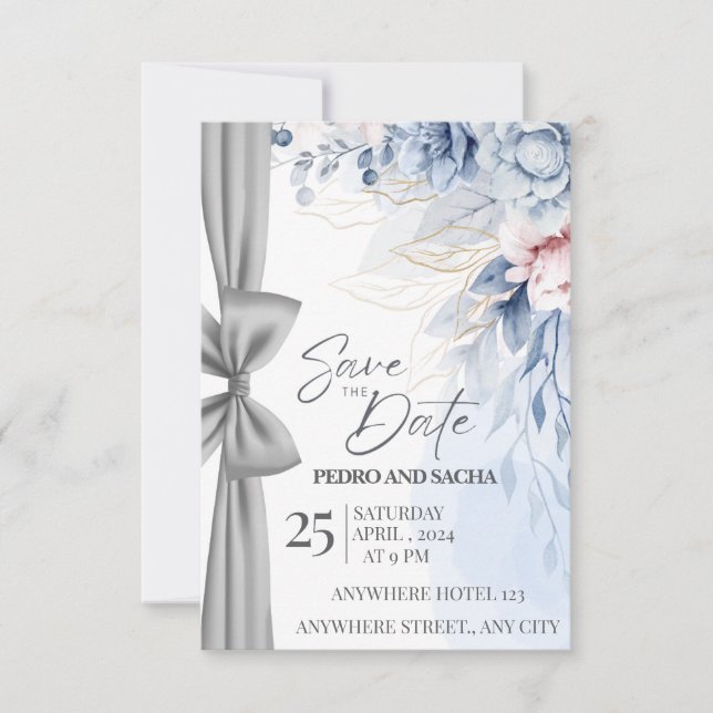 Cartão Elegante de Save The Date Floral Azul com P (Frente)