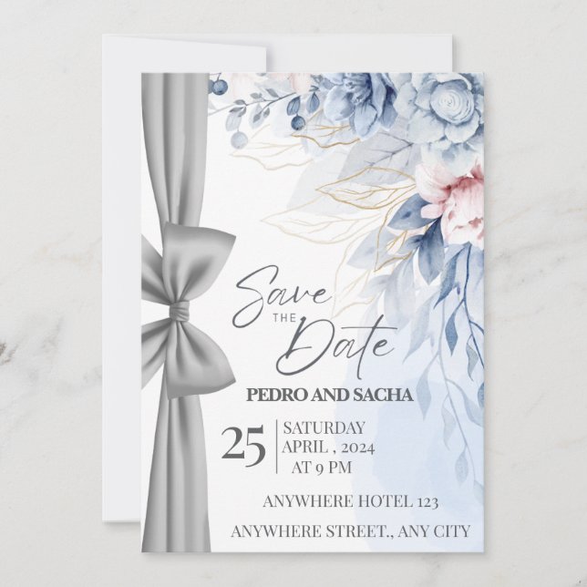 Cartão Elegante de Save The Date Floral Azul com P (Frente)