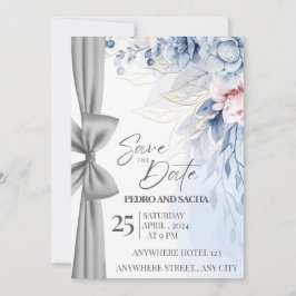Cartão Elegante de Save The Date Floral Azul com P