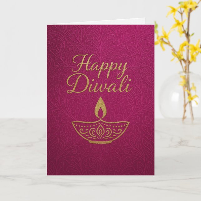 Cartão Elegante Dourada Diya Happy Diwali Saudação (Flor Amarela)