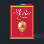 Cartão Elegante Dourado e Red Balloon Son aniversário de<br><div class="desc">Elegante Dourado e Red Balloon Son aniversário de 30 anos, um design único feito para qualquer um que procura algo especial para o seu filho no seu aniversário. O design apresenta um belo balão de ouro na frente com texto personalizável que você pode personalizar, então, não hesite em personalizá-lo para...</div>