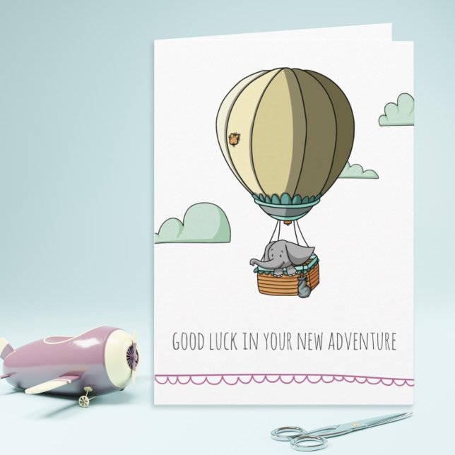 Cartão Elegante Elefante em Balão de Ar Quente Boa Sorte  (Cute farewell card with an elephant in a hot air balloon by Kinda Cute by Patricia Alvarez)
