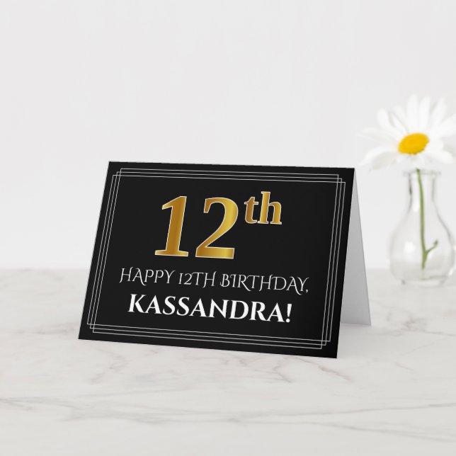 Cartão Elegante Faux Dourado Olha "12" Aniversário + Nome (Planta pequena)