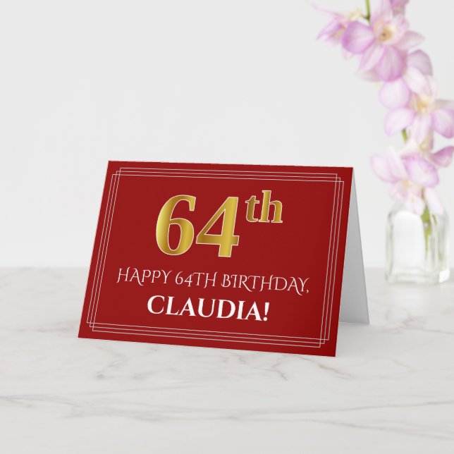 Cartão Elegante Faux Dourado Olha "64º" Aniversário, Nome (Orquídea)