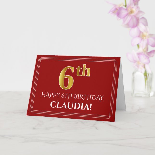 Cartão Elegante Faux Dourado Olha "6" Aniversário, Nome ( (Orquídea)