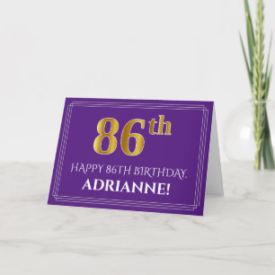 Cartão Elegante Faux Dourado visual 86º Aniversário, Nome