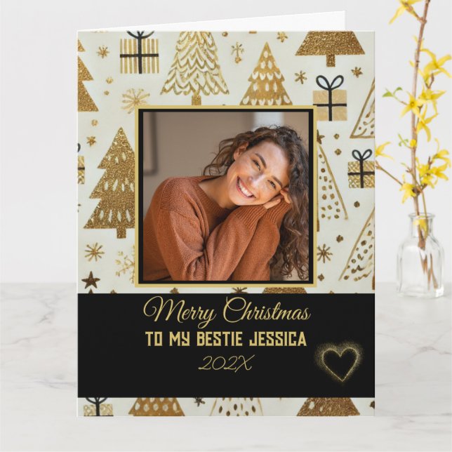 Cartão Elegante Feliz Natal Bestie Preto e Dourado (Flor Amarela)