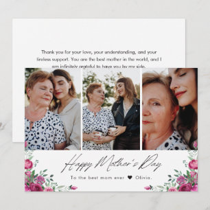 Cartão Elegante Floral em Aquarela Três Fotos Dia das Mãe