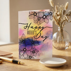 Cartão Elegante Floral Pastel Aquarela Dia das Mães