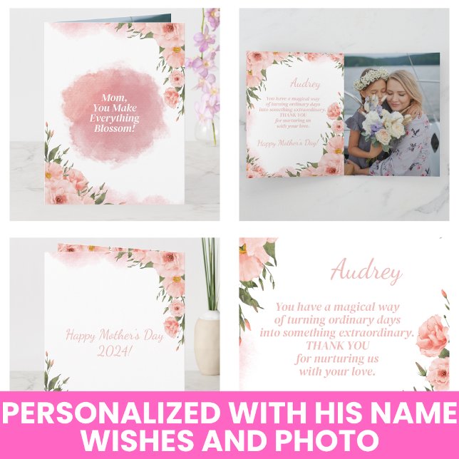 Cartão Elegante Floral Rosa de Aquarela Moderna para o Di (Modern Watercolor Elegant Pink Floral Mothers Day Card)