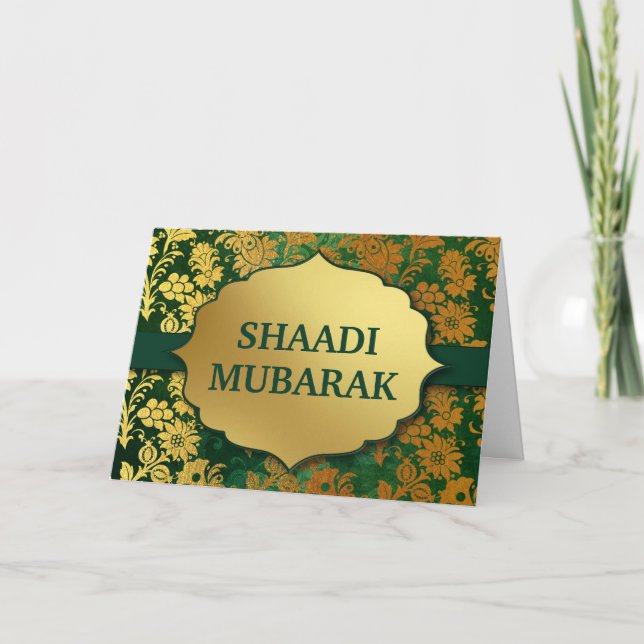 Cartão Elegante Floral Verde e Dourado Shaadi Mubarak (Frente)