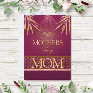 Cartão Elegante Folha de Palmeira Dourada em Burgundy Dia