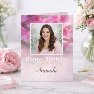 Cartão Elegante Foto Floral Rosa de Aniversário para Ela