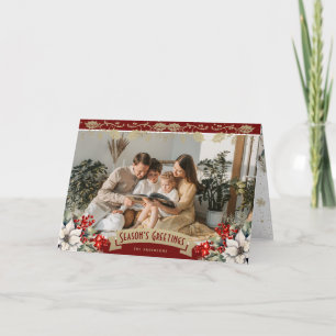 Cartão Elegante Foto Vermelha de Flores de Natal e Folhas