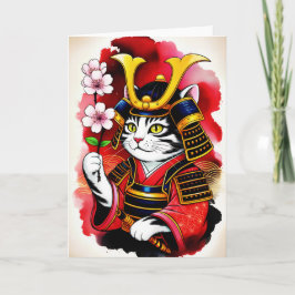 Cartão Elegante Gato Samurai Cerejeira para aniversário,