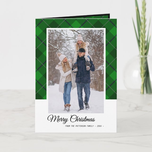 Cartão Elegante Green Tartan Merry Christmas Family Photo (Frente)