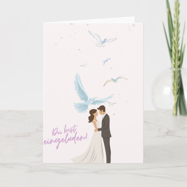Cartão Elegante Hochzeitseinladung mit Brautpaar & Tauben (Frente)