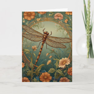 Cartão Elegante Libélula Verde de Primavera em Art Nouvea
