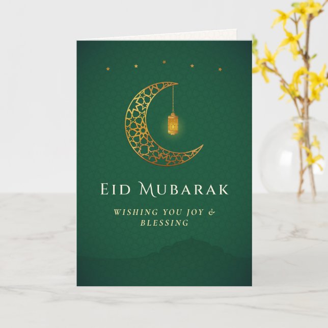 Cartão Elegante Lua Crescente de Ouro Cumprimentos de Eid (Flor Amarela)