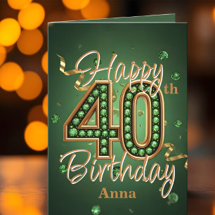 Cartão Elegante Luxuoso Verde e Dourado Aniversário de 40