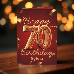 Cartão Elegante Luxuriano Dourado e Ruby Red 70 Aniversár